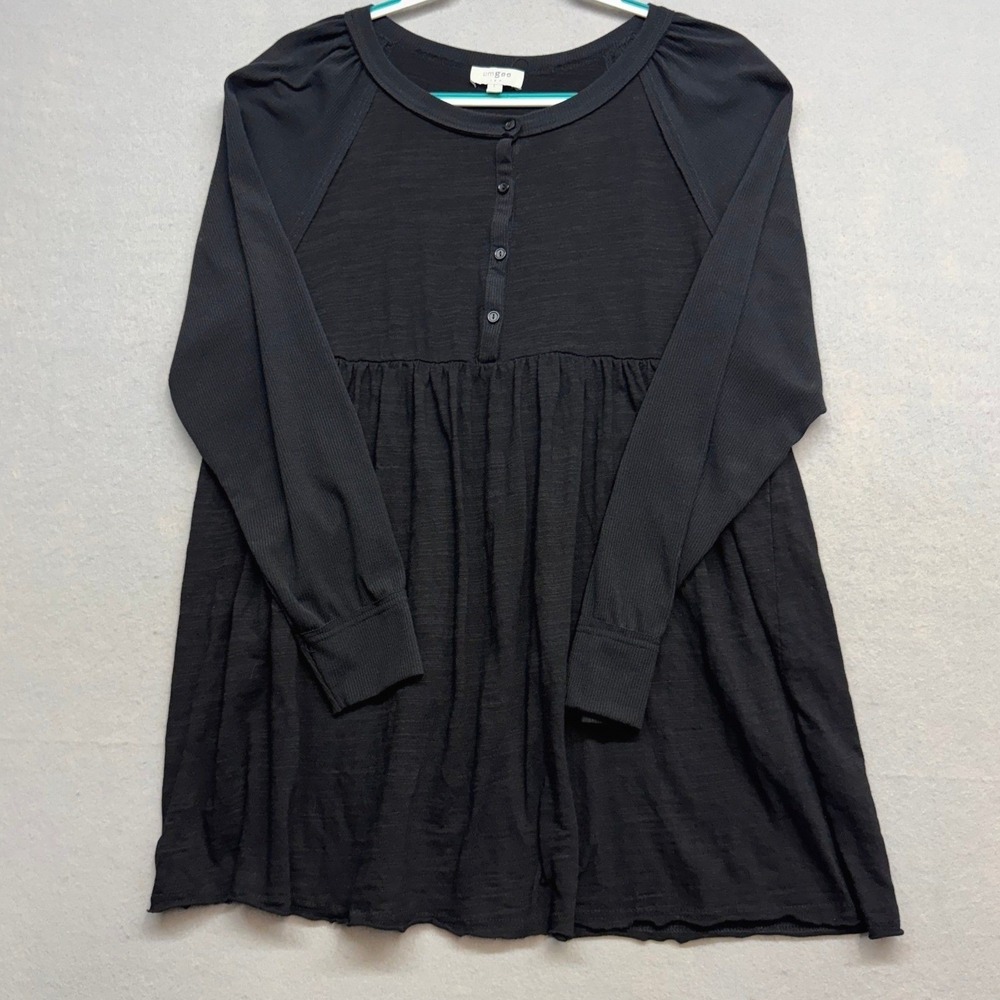 Umgee USA Tunic Top Womens L Black Babydoll Boho Henley Long Sleeve Cotton